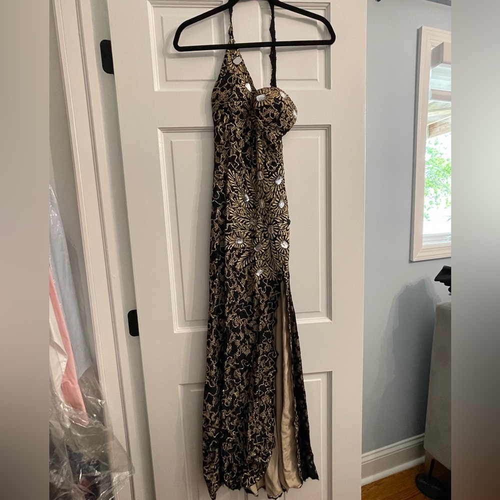 Elegant Black and Gold Hand-Painted Halter Gown